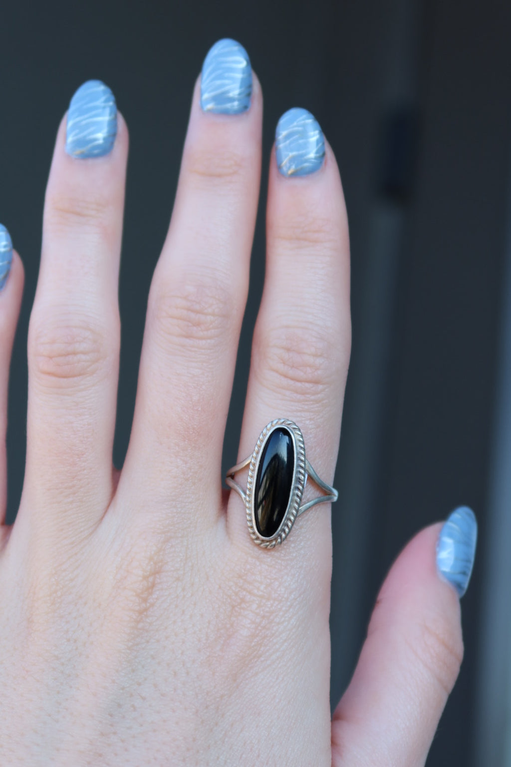 Long Onyx Sterling Ring Size 9