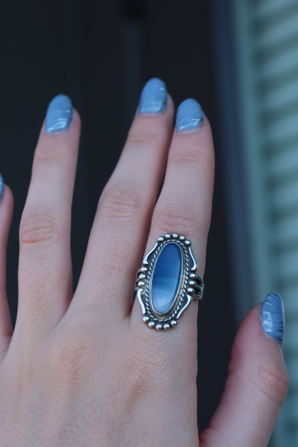 Vintage Blue Chalcedony Sterling Ring Size 7.5