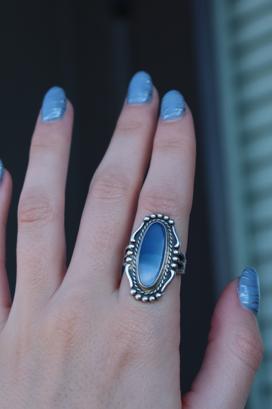 Vintage Blue Chalcedony Sterling Ring Size 7.5