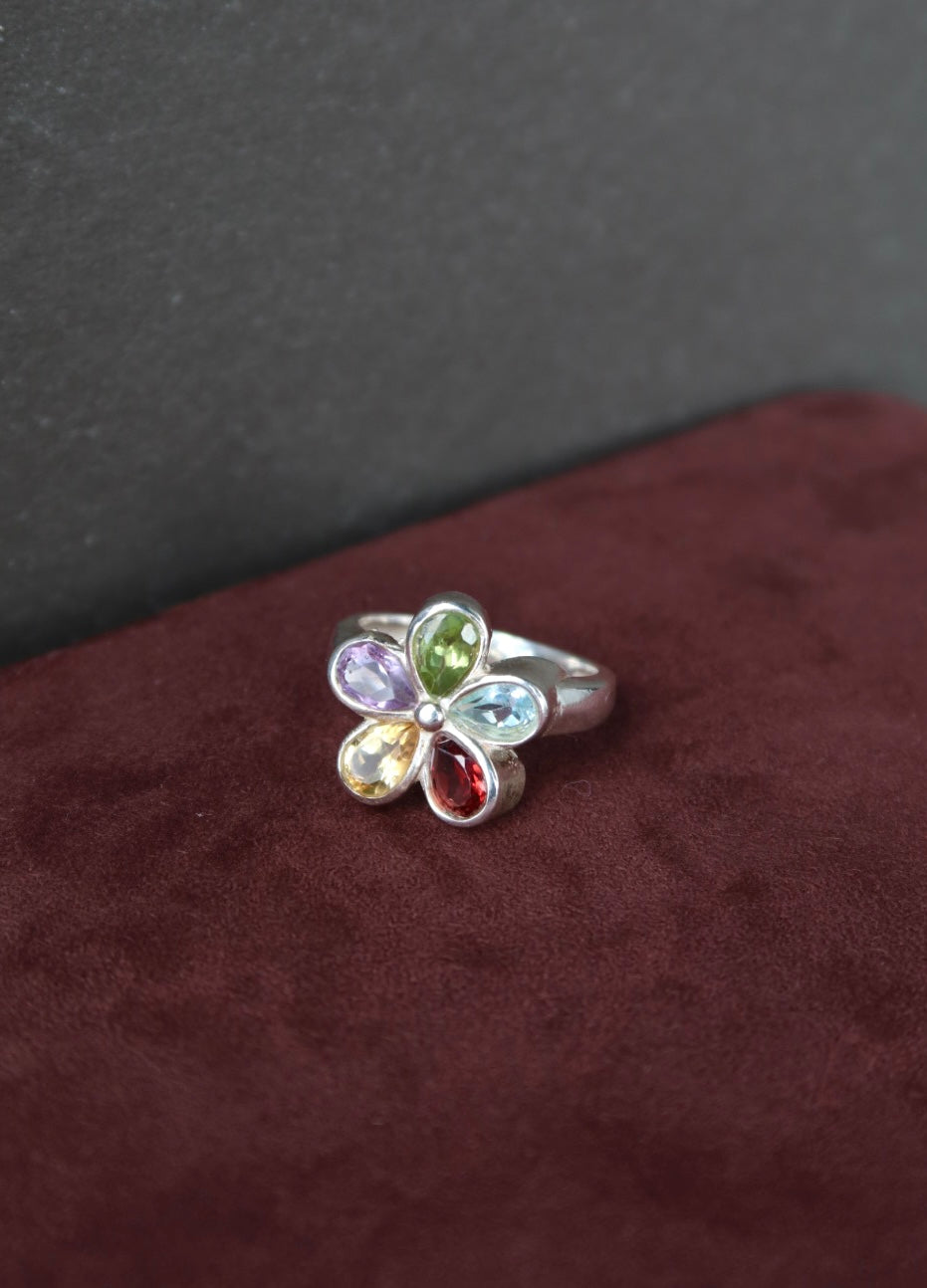 Sterling Multi Gemstone Flower Ring