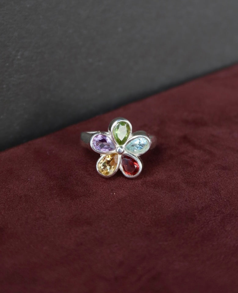 Sterling Multi Gemstone Flower Ring