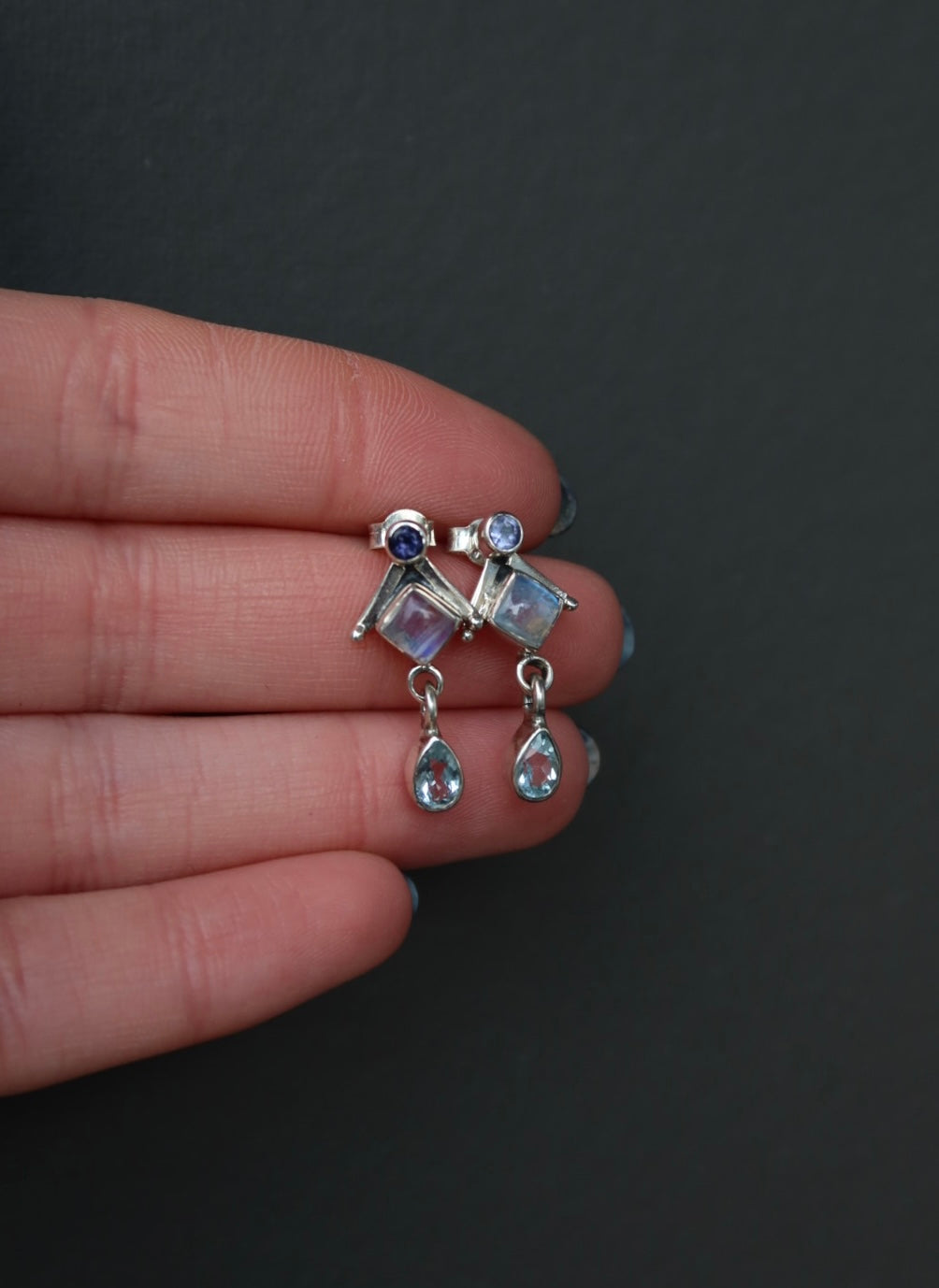 Sterling Silver Rainbow Moonstone Blue Topaz Earrings