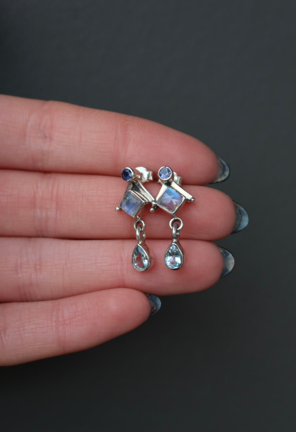 Sterling Silver Rainbow Moonstone Blue Topaz Earrings